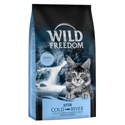 Sac Wild Freedom Cold River Kitten 2 kg, texte visible : 100% grain-free recipe, lots of fresh poultry meat with salmon. Image d’un chaton sur fond de cascade.
