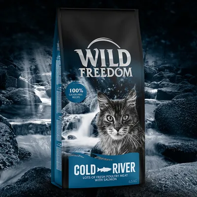 Wild Freedom Cold River hrană pentru pisici, rețetă 100% fără cereale, carne proaspătă de pasăre cu somon, pachet de 6,5 kg.