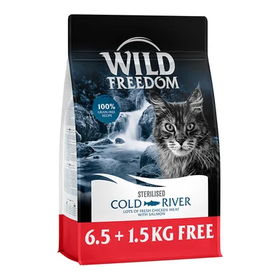Wild Freedom Sterilised Cold River hrana za mačke, 100 % brez žit, sveže piščančje meso z lososom. Ponudba: 6,5 + 1,5 kg gratis.