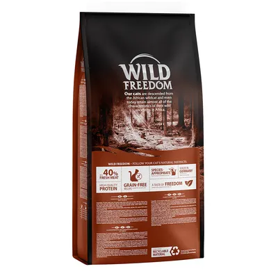 Wild Freedom kissanruoka, 40 % tuoretta lihaa, viljaton, lajityypillinen, valmistettu Saksassa, kierrätettävä materiaali.