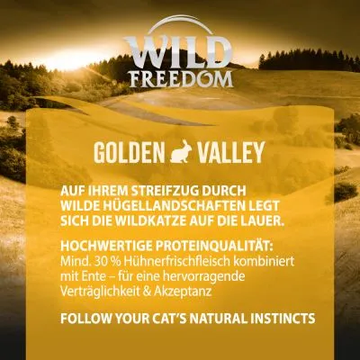Wild Freedom Golden Valley. Testo in tedesco: almeno 30% carne fresca di pollo con anatra per ottima tollerabilità e accettazione. Follow your cat’s natural instincts.