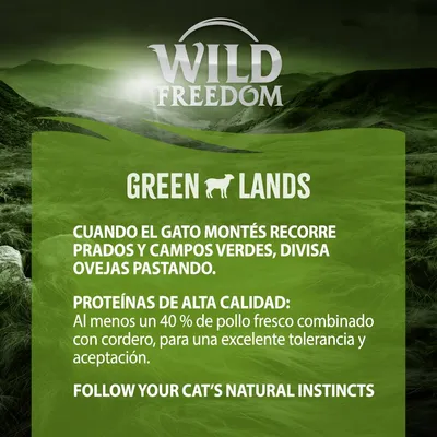 Wild Freedom Green Lands. Proteínas de alta calidad: al menos un 40 % de pollo fresco combinado con cordero, para una excelente tolerancia y aceptación. Follow your cat’s natural instincts.