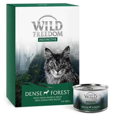Boîte et conserve Wild Freedom Instinctive Dense Forest, image de chat, texte : with fresh muscle meat, 100% grain-free recipe, 6 x 140 g. Marque et nom visibles sur l’emballage.