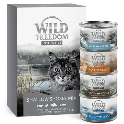 Wild Freedom Instinctive Shallow Shores Mix, boîte avec chat et 4 boîtes : Wild Rapids, Open Bushlands, Hidden Woods, Silvery Seas. 6 x 140 g, recette sans céréales, viande fraîche.