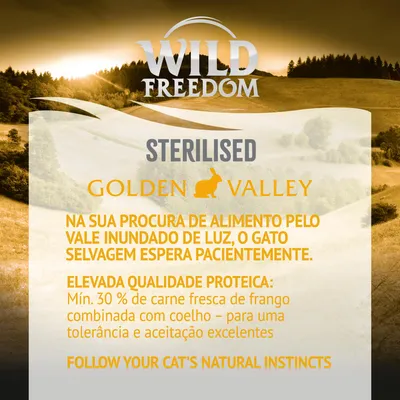 Wild Freedom STERILISED GOLDEN VALLEY. Mín. 30 % de carne fresca de frango combinada com coelho. Para gatos esterilizados. Texto promocional e slogan em inglês visíveis.