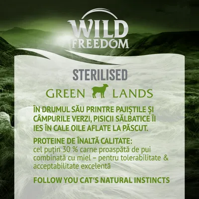 Wild Freedom STERILISED Green Lands. Proteine de înaltă calitate: cel puțin 30 % carne proaspătă de pui combinată cu miel – pentru tolerabilitate și acceptabilitate excelentă.