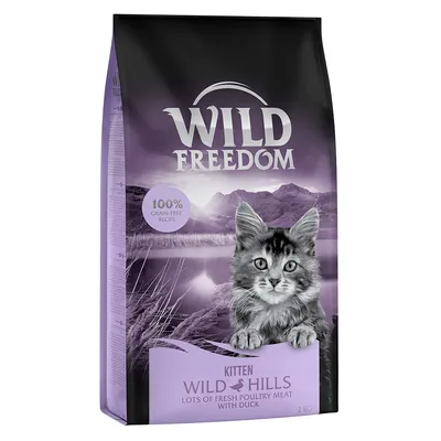 Sac de croquettes Wild Freedom Kitten Wild Hills, 100% grain-free recipe, lots of fresh poultry meat with duck, 2 kg, image d’un chaton sur l’emballage.