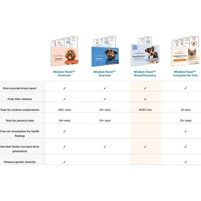 Comparison chart of Wisdom Panel Premium, Essential, Breed Discovery, and Complete for Cats showing features like breed report accuracy, number of medical and physical tests, and genetic diversity.