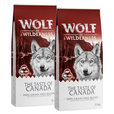 Wolf of Wilderness The Taste of Canada, 100% Grain-Free Recipe, with fresh beef, cod, turkey and cranberries, 12 kg. Kaksi pakkausta vierekkäin.