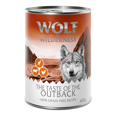 Wolf of Wilderness The Taste of the Outback, 100% grain-free recipe, 400g. Icônes animaux visibles sur l’emballage.