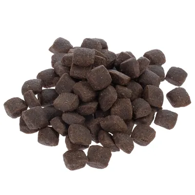 Kup temno rjavih kvadratnih briketov za hišne ljubljenčke na belem ozadju.