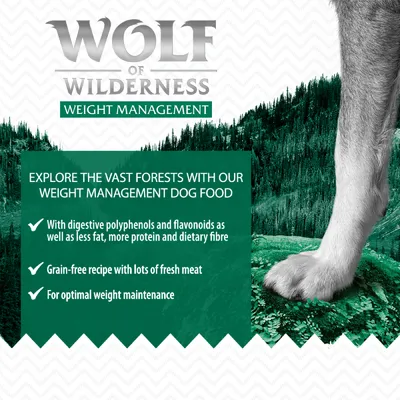 Wolf of Wilderness Weight Management. Explore the vast forests with our weight management dog food. With digestive polyphenols and flavonoids as well as less fat, more protein and dietary fibre. Grain-free recipe with lots of fresh meat. For optimal weight maintenance. Teksti englanniksi.