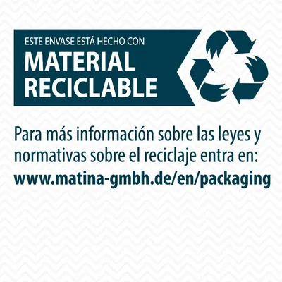 Este envase está hecho con material reciclable. Para más información sobre leyes y normativas de reciclaje entra en: www.matina-gmbh.de/en/packaging