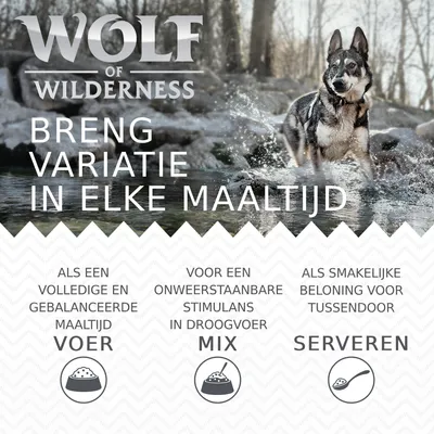 Wolf of Wilderness. Breng variatie in elke maaltijd. Als een volledige en gebalanceerde maaltijd: voer. Voor een onweerstaanbare stimulans in droogvoer: mix. Als smakelijke beloning: serveren.