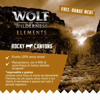 Wolf of Wilderness Elements Rocky Canyons. Ricetta 100% senza cereali, monoproteico con il 40% di carne fresca di manzo allevato all'aperto. Free-range meat. Testo in italiano e inglese.