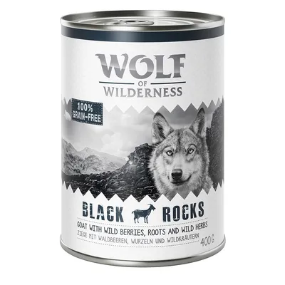 Wolf of Wilderness Black Rocks, 100 % grain-free, goat with wild berries, roots and wild herbs, boîte de 400 g. Texte en anglais et allemand visible sur l’emballage.