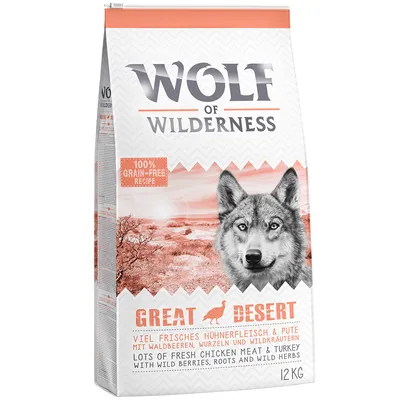 Ambalaj Wolf of Wilderness Great Desert, 12 kg, 100% grain-free recipe, lots of fresh chicken meat & turkey with wild berries, roots and wild herbs. Text în engleză și germană.