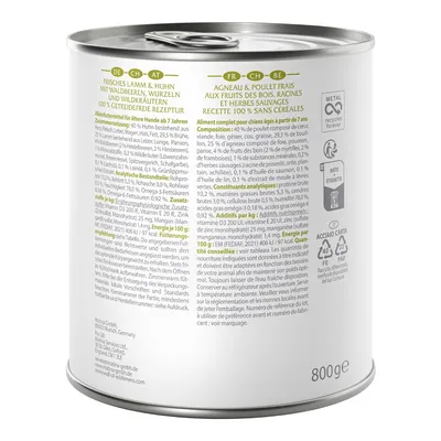 800 g-os konzerv: friss bárány és csirke, erdei bogyók, gyökerek, vadon termő gyógynövények. 100% gabonamentes recept. Összetétel és analitikai összetevők németül és franciául.