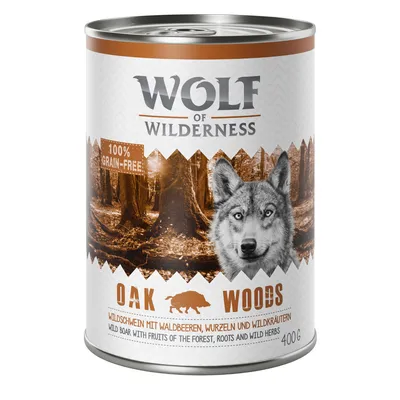 Wolf of Wilderness Oak Woods, villisika metsämarjoilla, juurilla ja villiyrteillä, 100 % viljaton, 400 g tölkki.