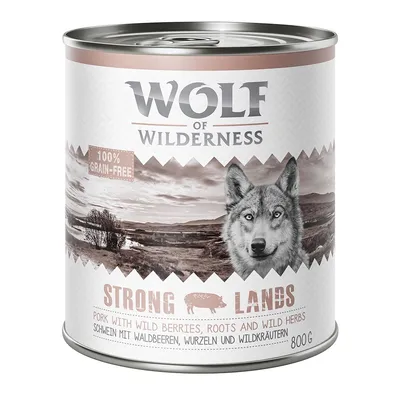 Wolf of Wilderness 100% grain-free, Strong Lands, porc avec baies sauvages, racines et herbes sauvages, boîte 800 g. Texte en anglais et allemand visible.