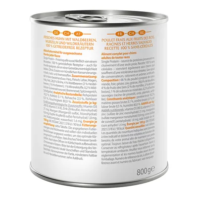 Boîte de 800 g de nourriture pour chiens, texte visible : Poulet frais aux fruits des bois, racines et herbes sauvages, recette 100 % sans céréales, composition, additifs, conseils d’alimentation.