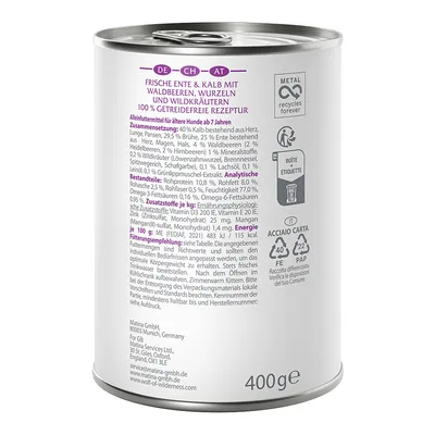 Dose mit 400g Inhalt: Frische Ente & Kalb, Waldbeeren, Wurzeln, Wildkräuter. Getreidefreie Rezeptur. Fütterungsempfehlung und analytische Bestandteile für ältere Hunde ab 7 Jahren.