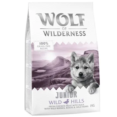 Sac Wolf of Wilderness Junior Wild Hills, 1 kg, 100% grain-free recipe, fresh chicken meat with duck, wild berries, roots & wild herbs. Texte en anglais.