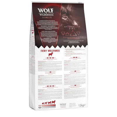 Wolf of Wilderness Elements Fiery Volcanoes, 12kg. Enthält Angaben zu Zutaten, Proteinquellen, Fütterungsempfehlungen und Herkunft. Text: Made in Germany, ohne künstliche Konservierungsstoffe.