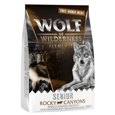 Опаковка Wolf of Wilderness Elements Senior Rocky Canyons, free-range meat, single animal protein, fresh free-range beef, 100% grain-free recipe, 300 г.