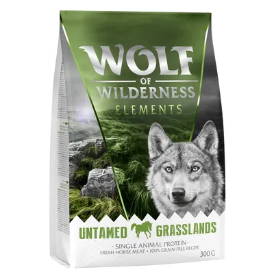 Wolf of Wilderness Elements Untamed Grasslands, single animal protein, fresh horse meat, 100% grain-free recipe, 300 g. Tekst på engelsk.