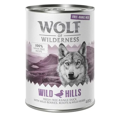 Wolf of Wilderness Wild Hills, 100 % viljaton resepti, tuore vapaankanan ankka, villimarjat, juuret ja yrtit, 400 g tölkki.
