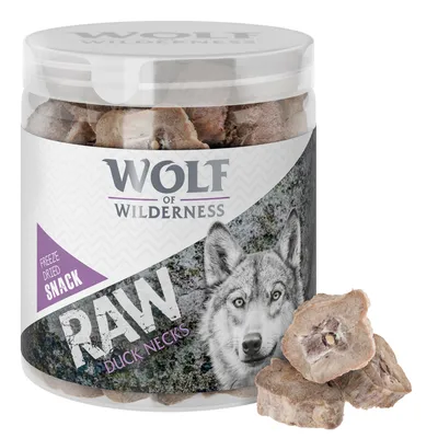Wolf of Wilderness RAW Duck Necks frysetørret snack. Synlige stykker af andehalse i gennemsigtig plastbøtte med mærketekst: Freeze Dried Snack, RAW Duck Necks.