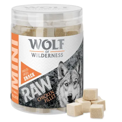 Wolf of Wilderness Mini RAW Freeze-Dried Snack, Chicken Fillet, für kleine Wölfe. Verpackung mit Würfeln aus gefriergetrocknetem Hühnerfilet.