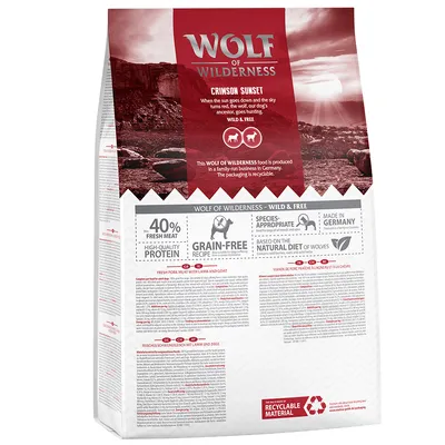 Wolf of Wilderness Crimson Sunset. 40% fresh meat, high-quality protein, grain-free recipe, made in Germany, ανακυκλώσιμο υλικό. Οδηγίες και πληροφορίες στα αγγλικά στη συσκευασία.