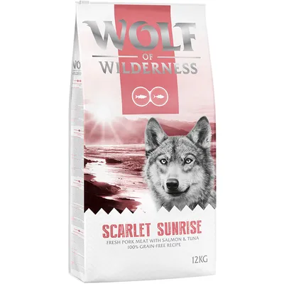 Sac Wolf of Wilderness Scarlet Sunrise, 12 kg. Texte visible : Fresh pork meat with salmon & tuna, 100% grain-free recipe.