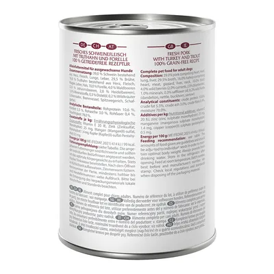 Dose mit der Aufschrift: Frisches Schweinefleisch mit Truthahn und Forelle, 100% getreidefreie Rezeptur. Alleinfuttermittel für ausgewachsene Hunde. Zusammensetzung und Fütterungsempfehlung sichtbar.