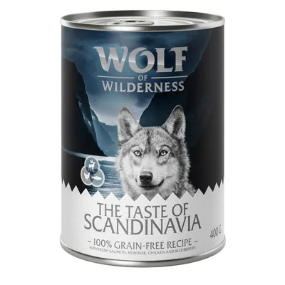 Wolf of Wilderness The Taste of Scandinavia, 100 % viljaton resepti tuoreella lohella, porolla, kanalla ja mustikoilla, 400 g.