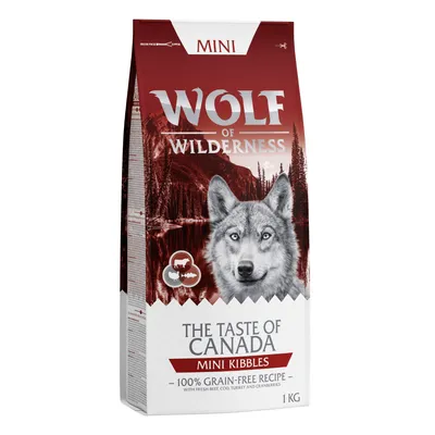 Sac Wolf of Wilderness MINI, The Taste of Canada, Mini Kibbles, 100 % grain-free recipe, 1 kg. Texte en anglais : with fresh beef, cod, turkey and cranberries.