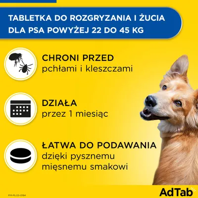 Tabletka do rozgryzania i żucia dla psa powyżej 22 do 45 kg. Chroni przed pchłami i kleszczami, działa przez 1 miesiąc, łatwa do podawania dzięki mięsnemu smakowi. AdTab.