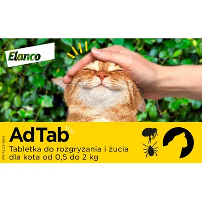 AdTab, Elanco. Tabletka do rozgryzania i żucia dla kota od 0,5 do 2 kg. Widoczne ikony pchły, kleszcza i kota.