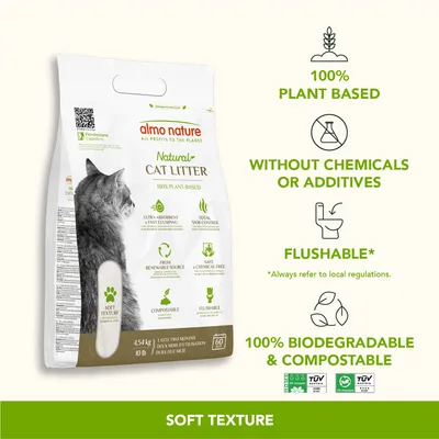 Natural cat litter, 100% plant-based, without chemicals or additives, flushable, biodegradable and compostable. Soft texture. Refer to local regulations for flushing.