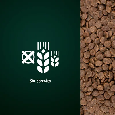 Pienso para mascotas con texto visible: Sin cereales. Iconos de espigas tachadas y croquetas marrones a la derecha.