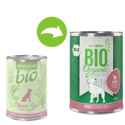 Zooplus Bio Organic Dog Food, Sorte Ente mit Süsskartoffeln, 400g Dose. Neues Design mit Bio-Zertifikat und getreidefrei für erwachsene Hunde.