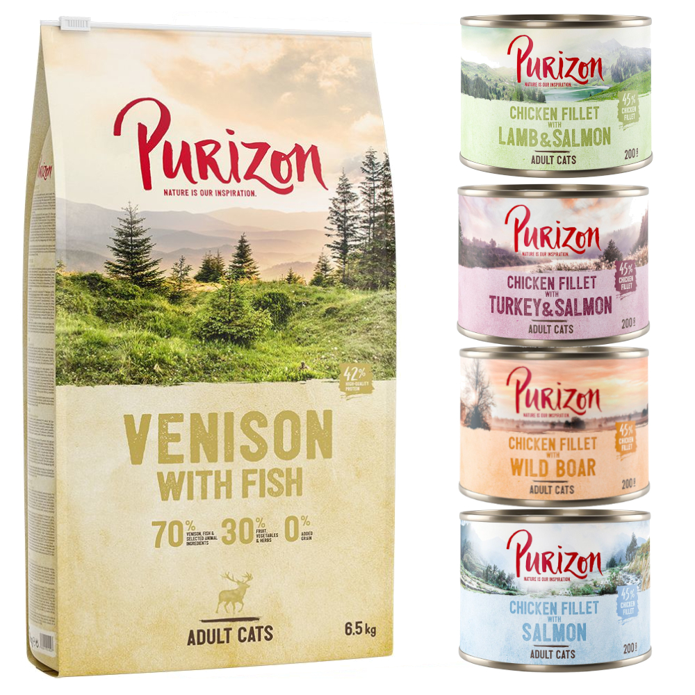 

Purizon 2 x 6,5 kg ração para gatos + 6 x 200 g comida húmida grátis! - Adult com veado e peixe