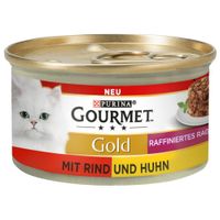 Scatoletta Purina Gourmet Gold per gatti, testo visibile: NEU, RAFFINIERTES RAGOUT, MIT RIND UND HUHN. Immagine di un gatto bianco e porzione di alimento su piatto.