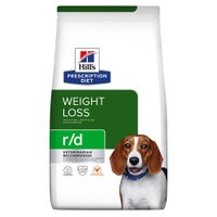 Hill's Prescription Diet WEIGHT LOSS r/d, VETERINARIAN RECOMMENDED, Clinical Nutrition, S+OX SHIELD, confezione di alimento per cani con parte di cane visibile in basso.