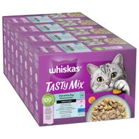 Whiskas TastyMix Country Collection, confezione multipla da 48x bustine. Immagine di scatole viola con gatto e ciotola di cibo. Testo visibile: 'in Sauce', 'NEU'.