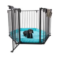 Recinto in metallo nero con imbottitura turchese e accessori beige. Cane sdraiato sull’imbottitura nel recinto.