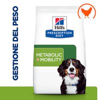 Hill's Prescription Diet Metabolic + Mobility per cani, scritta 'Gestione del peso', immagine di un cane e simbolo arancione di pollo in alto a destra sulla confezione.