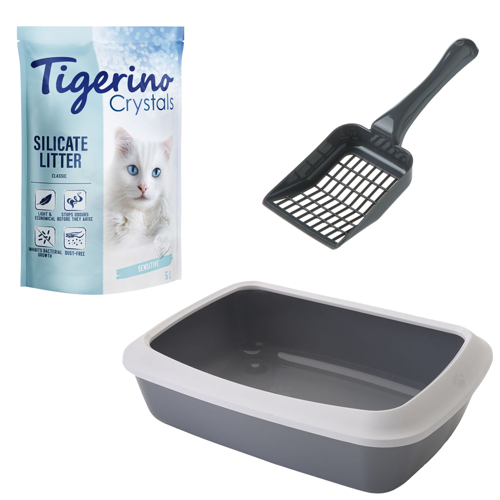 Startovací sada pro koťata: kočkolit Tigerino Crystals + toaleta Savic + lopatka - 5 l kočkolit + toaleta šedá + lopatka tmavě šedá